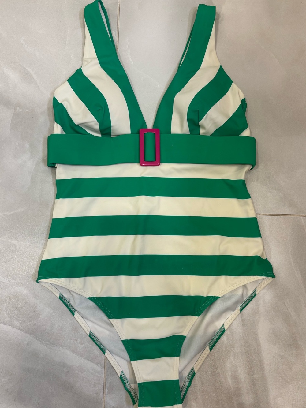 Green and White Striped One-Piece Swimsuit with Belt
